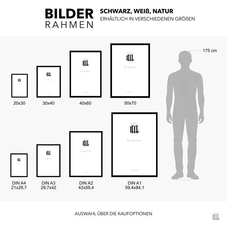 May include: A display of framed art prints in various sizes, including 20x30 cm, 30x40 cm, 40x60 cm, and 50x70 cm, with a person silhouette for scale. The frames are black, and the prints feature a minimalist design. Text on the image reads "BILDER RAHMEN".