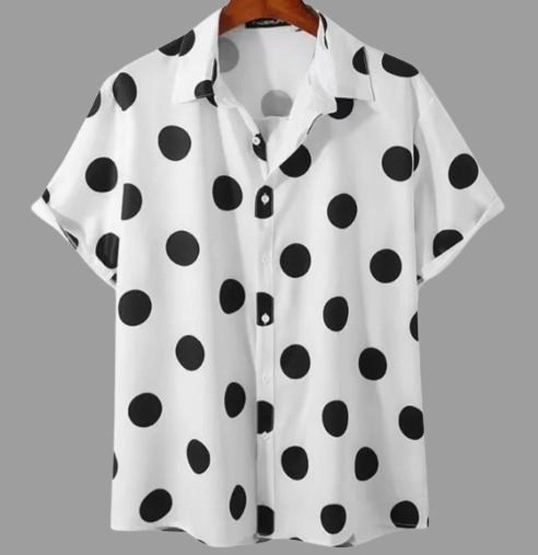 white shirt with small black polka dots