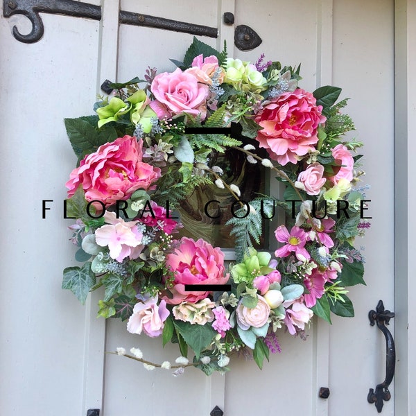 Handmade Mothers Day Wreath, Gorgeous artificial Spring/Summer Wreath, Wedding Wreath, Peony and Rose Front Door Wreath, Summer Pinks