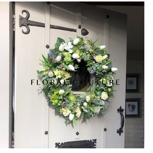 BACK IN STOCK....Handmade Spring/Summer Wreath, Tulips Wreath,  Greens and Whites, Summer Front Door Wreath, Floral Door Wreath