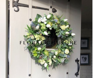 BACK IN STOCK....Handmade Spring/Summer Wreath, Tulips Wreath,  Greens and Whites, Summer Front Door Wreath, Floral Door Wreath