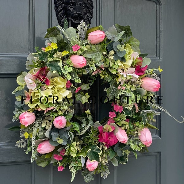 NEW....Handmade Spring/Summer Wreath, Tulips Wreath,  Pinks and Greens, Summer Front Door Wreath, Floral Door Wreath