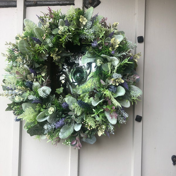 NEW.....Handcrafted Spring Front Door Wreath, Spring Wreath, Lambs Ear Eucalyptus and Lavender Spring Wreath