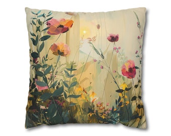 Serene Sunset Wildflowers vierkante kussensloop - Levendige bloemen gooien kussensloop, ideaal Moederdag en Housewarming Gift, comfortabel decoratief