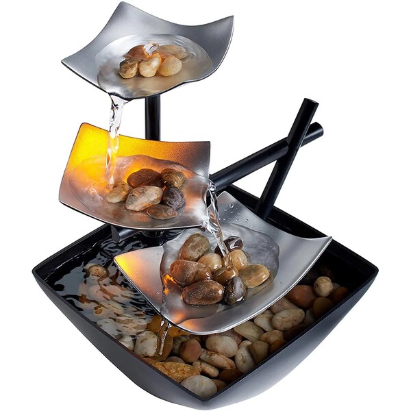 Indoor Water Fountain with Natural River Rocks Modern Cascading Tabletop Fountain with Illuminated Metal Dishes Soothing Nature Sounds