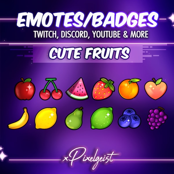 Cute Fruit Twitch Emotes, Fruit Stream Badges, Fruit Emotes, Fruit Bit Badges, Food Stream Aesthetic - Set of 12 Cute Stylized Fruits