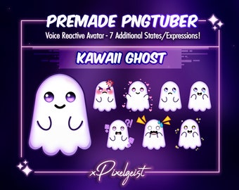 Kawaii Ghost PNGTuber Avatar, Voice Reactive, 7 Expressions (Digital Download)