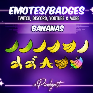 Banana Subscriber Badges, Banana Emotes, Banana Bit Badges, Food Stream Aesthetic, Food Emotes, Banana Twitch Stream Graphics