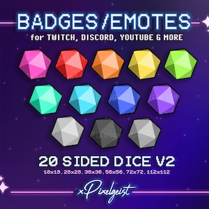 Färgglada D20-tärningsmärken: Twitch Streamer-grafik (direkt nedladdning)