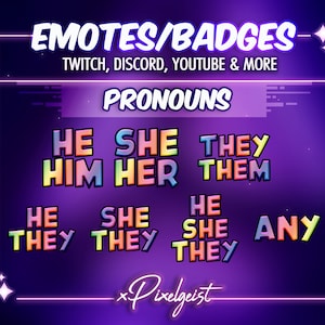 May include: A digital illustration of pronoun options for Twitch, Discord, YouTube, and more. The image features a rainbow color scheme with the words "HE", "SHE", "THEY", "HIM", "HER", "THEM", "ANY" in a bold, outlined font.