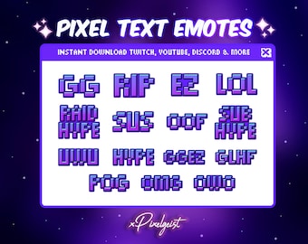 Op de afbeelding: Een verzameling gepixelde tekstemoji's in verschillende kleuren, waaronder paars, blauw en roze. De emoji's worden in een rasterformaat op een witte achtergrond weergegeven. De emoji's omvatten "GG", "RIP", "EZ", "LOL", "FRIC", "HIFE", "SUS", "OOF", "SUB", "HIFE", "UWU", "HYFE", "GIGEZ", "GLHF", "FOG", "OMG" en "000".