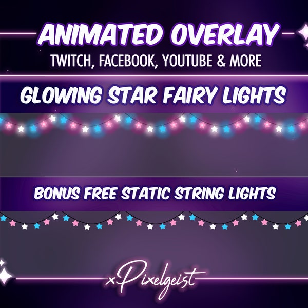 Animated String Lights Stream Overlay, Animated Overlay, Animated String Lights, Glowing Overlay, Streamer Graphics - Pink, Blue, White