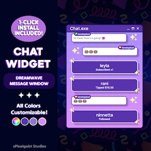 Op de afbeelding: Een paarse chatwidget met een chatvenster, een lijst met gebruikers en een berichtvak. De widget is aanpasbaar met verschillende kleuren. De tekst op de widget zegt "Chat.exe" en "Dreamwave Message Window".