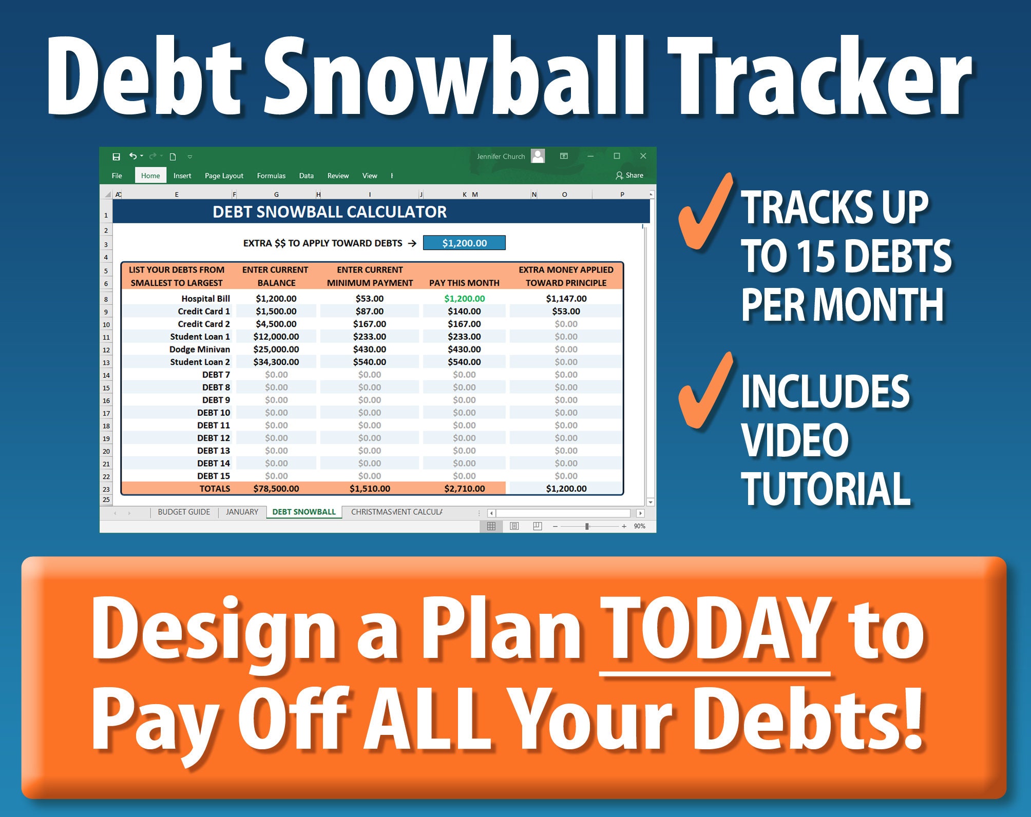 Debt Tracker, Easy Debt Snowball Worksheet, Excel Spreadsheet Payoff