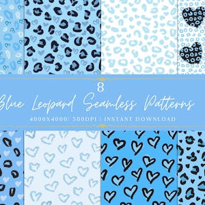 Blue Leopard Heart Seamless Patterns Bundle | Brush Hearts, Animal Print Digital Paper (Instant Download)