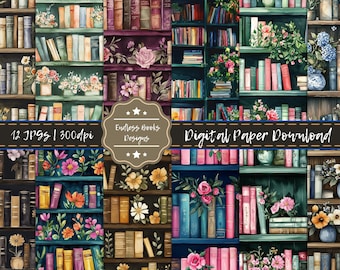 May include: Watercolor digital paper download featuring a collage of bookshelves filled with books and floral arrangements. The image includes the text "Endless Books Designs" and "Digital Paper Download". The image is a collection of 12 JPGs at 300dpi.