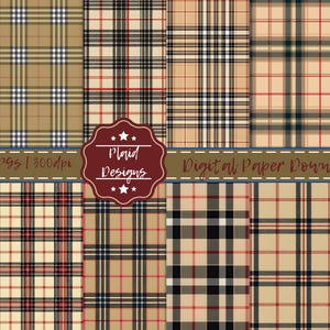 Könnte beinhalten: Ein digitaler Papier-Download mit einer Sammlung verschiedener Karomuster. Die Muster umfassen Farbschemata in Schwarz, Beige, Rot und Weiß. Das Bild enthält den Text "Plaid Designs" und "Digital Paper Download".