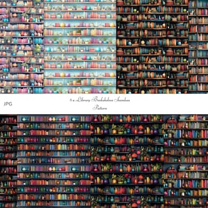 Könnte beinhalten: Acht nahtlose Muster mit detaillierten Illustrationen von Bücherregalen voller Bücher, Pflanzen und dekorativen Gegenständen. Die Muster sind 30,48 cm x 30,48 cm und 4000 x 4000 Pixel groß. Der Text "8 x Library Bookaholres Seamless Pattern" ist sichtbar.