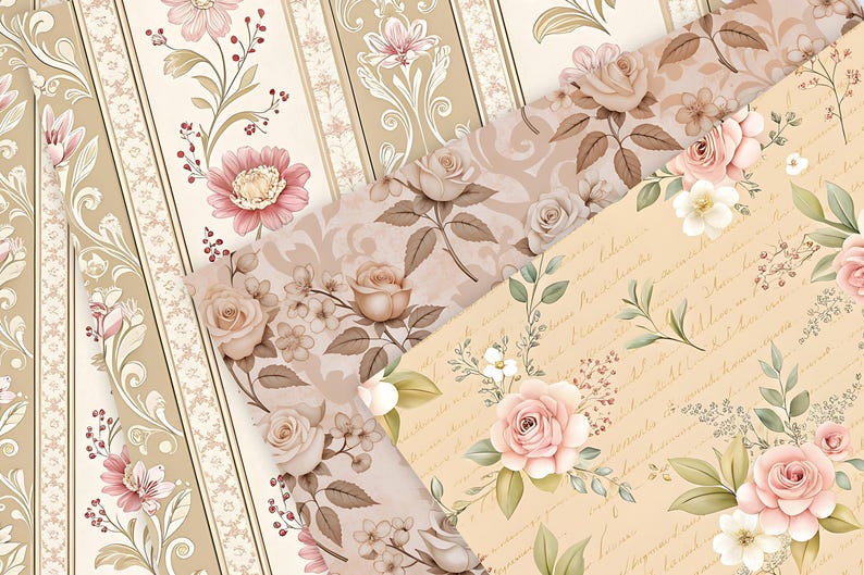 Beige Floral Seamless Patterns Bundle | Vintage Rose Digital Paper ...