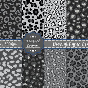 May include: A collection of 12 digital leopard print designs in various shades of gray and black. The image includes the text "12 JPGs | 300dpi", "12 Leopard Designs", and "Digital Paper Download".