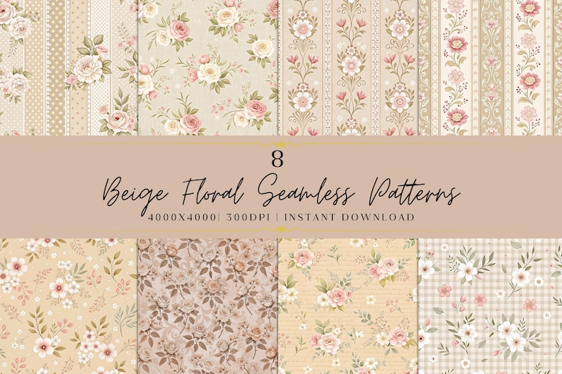 Beige Floral Seamless Patterns Bundle | Vintage Rose Digital Paper ...