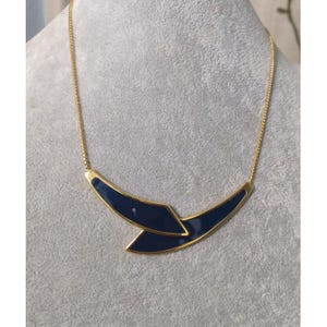 Vintage Monet Enamel Gold Tone Necklace Navy Signed Statement Estate