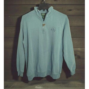 May include: A light blue sweatshirt with a quarter-zip neckline and long sleeves. The sweatshirt features a small logo on the chest and a zipper pull. The garment is hanging on a black hanger against a wooden background.