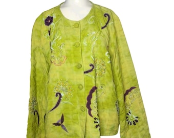 Blazer bordado Mirasol em tecido seersucker, tamanho G, estampa tie-dye verde chartreuse.