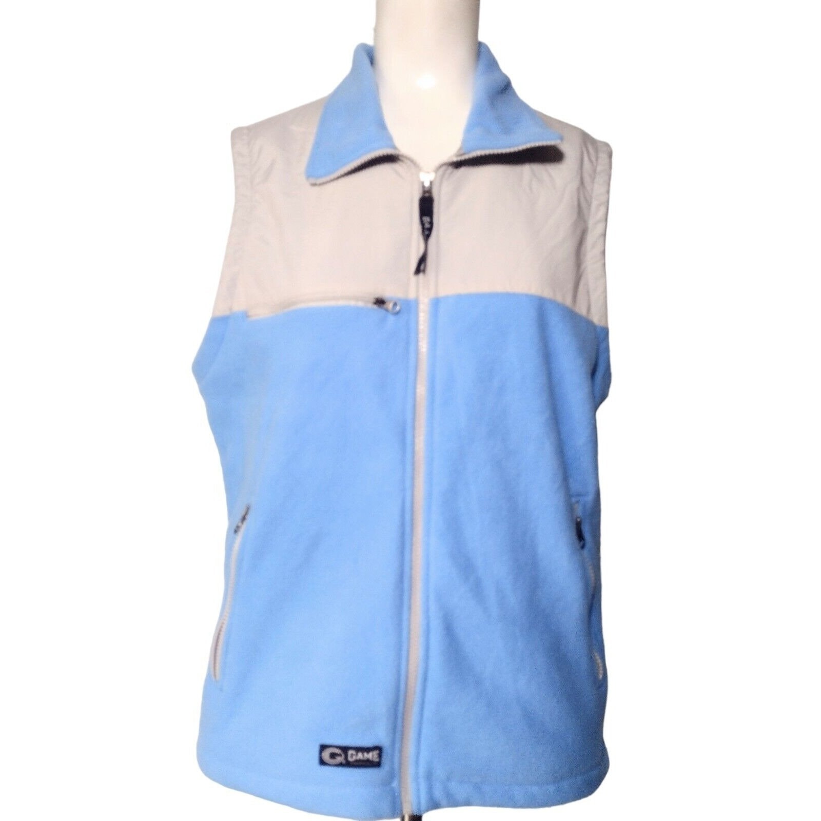 a*様 Game Sportswear Nylon Fleece Jacket Vintage Game Sportswear Fleece Nylon Vest Size M Full Zip Blue Tan