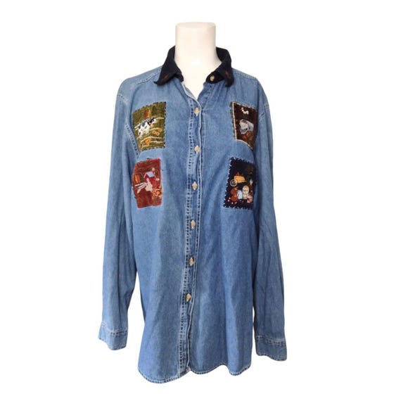 Vtg Bobbie Brooks Denim Patchwork Fall Button Shirt Sz L Blue Harvest Corduroy Etsy Canada