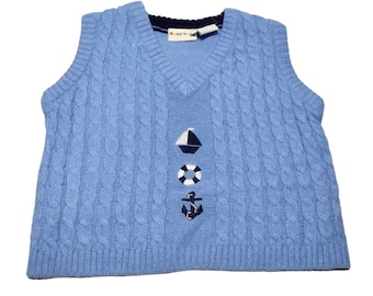 Vintage Baby Togs Size 18mo Cable Knit Sweater Vest Nautical Embroidered Blue