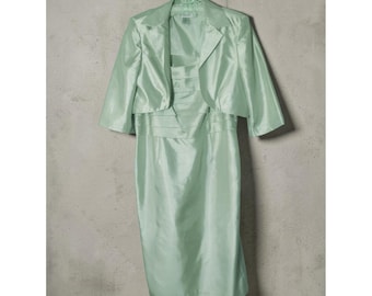 Lizzatti Collection 2 Piece Midi Jacket Dress 10 Green Sheen Mother of Bride Vtg