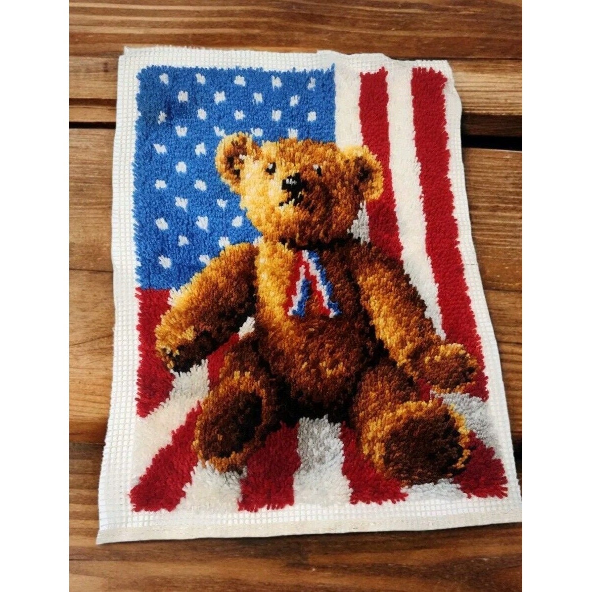 Large Vintage Completed Latch Hook Patriotic Teddy Bear Flag Wall