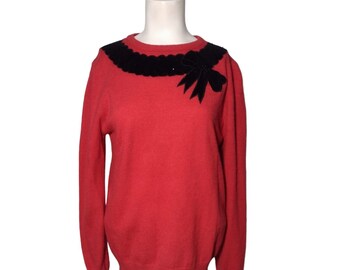 Vintage Koret Angora Lambswool Sweater Sz M Sequin Velvet Bow Red Black Holiday