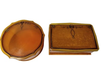 Juego de joyero/tarro de celuloide ámbar Art Deco vintage para tocador