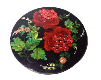 Dalle en bois peinte à la main, décoration florale à suspendre vintage noir rouge ethnique