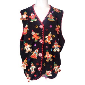 Michael Simon 90s Gingerbread Sweater Vest Size XL Novelty Ugly Christmas Vtg