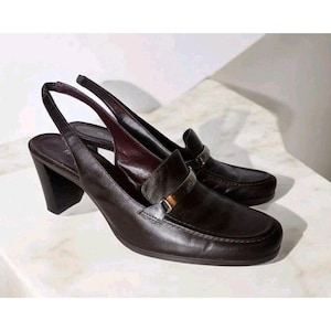 Vintage Etienne Aigner Leather Slingback Loafer Heels Brown Career Academia