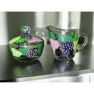 Vintage Anchor Hocking Grapes Glass Creamer Sugar Set Handpainted Fruit