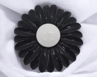 Large MCM Enamel Metal Flower Brooch Pin Black White Vintage 60s Lapel Scarf