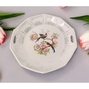 Vintage Germany Bird of Paradise porseleinen bord lusterware dubbele handgrepen 9,75 inch
