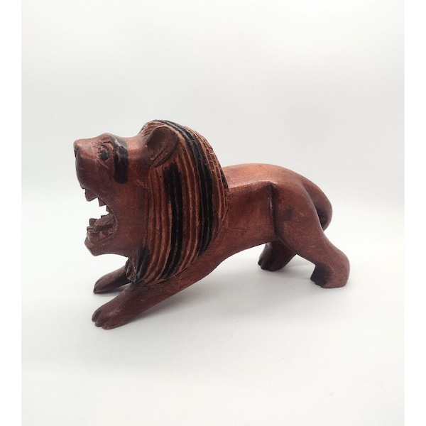 Vintage Hand Carved Solid Wood Roaring Lion Brown Black African Folk Art Decor