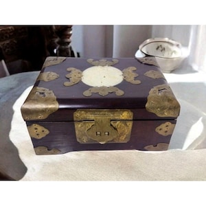 Vintage Chinese Rosewood Brass Jewelry Box Ornate Jade Inlay Pink Silk Interior