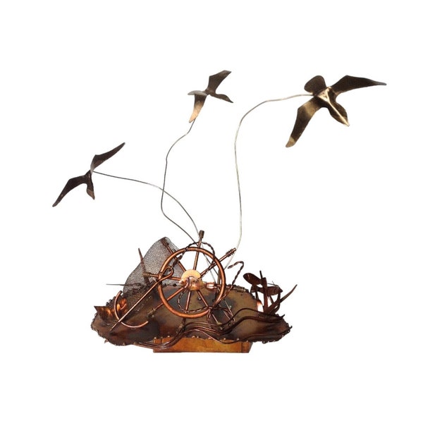 Copper Nautical Scene Musical Sculpture Vtg Rotating Bird Fish Coastal Handmade