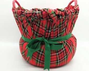 Vintage Hand-painted Red Padded Plaid Woven Wicker Christmas Basket with Handles