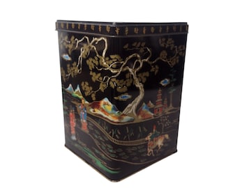 Caja de té de hojalata con bisagras estilo asiático de Baret Ware vintage, modelo England Garden Pagoda Geisha