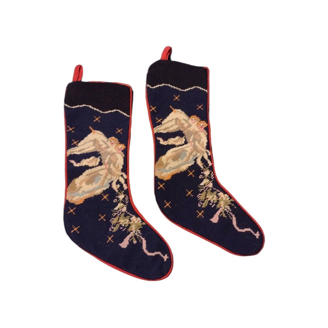 Vintage Pair Needlepoint Wool Christmas Stockings Angels Stars Etsy
