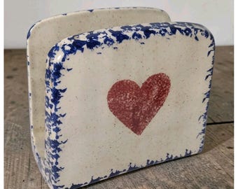 Large Pottery Spongeware Heart Napkin Holder Marked Farmhouse Cottagecore Vtg
