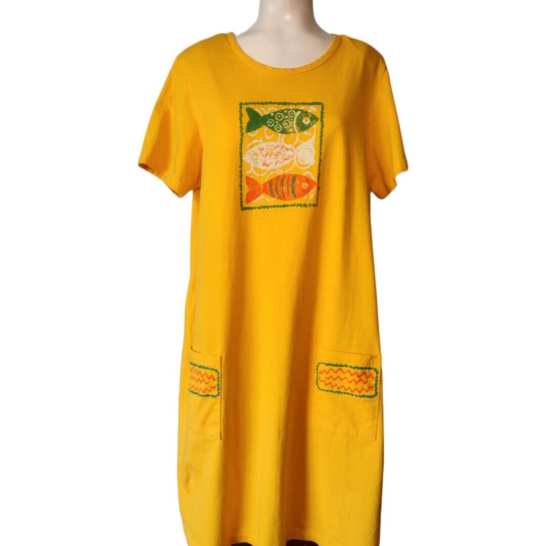 Vtg on the Rocks California Size XL Jersey Knit Dress Yellow Fish