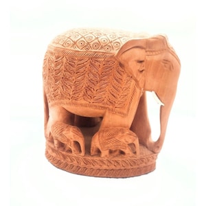 Vintage Solid Wood Mama Baby Elephant Figurine Sculpture Hand Carved Boho Caravan Decor